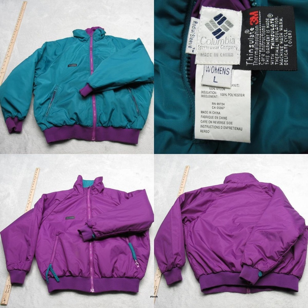 Columbia Jacket Womens Large Purple Green Reversible Insulated Full Zip VTG